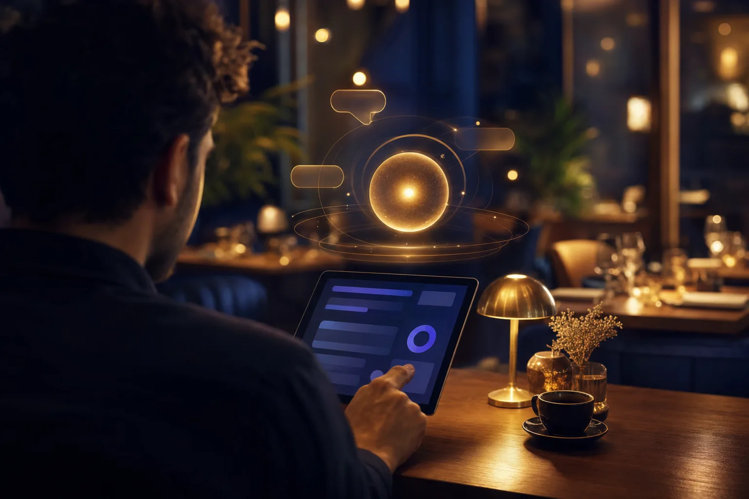 Eine leuchtende KI-Assistentenkugel, die einem Gastronomen am Tablet hilft