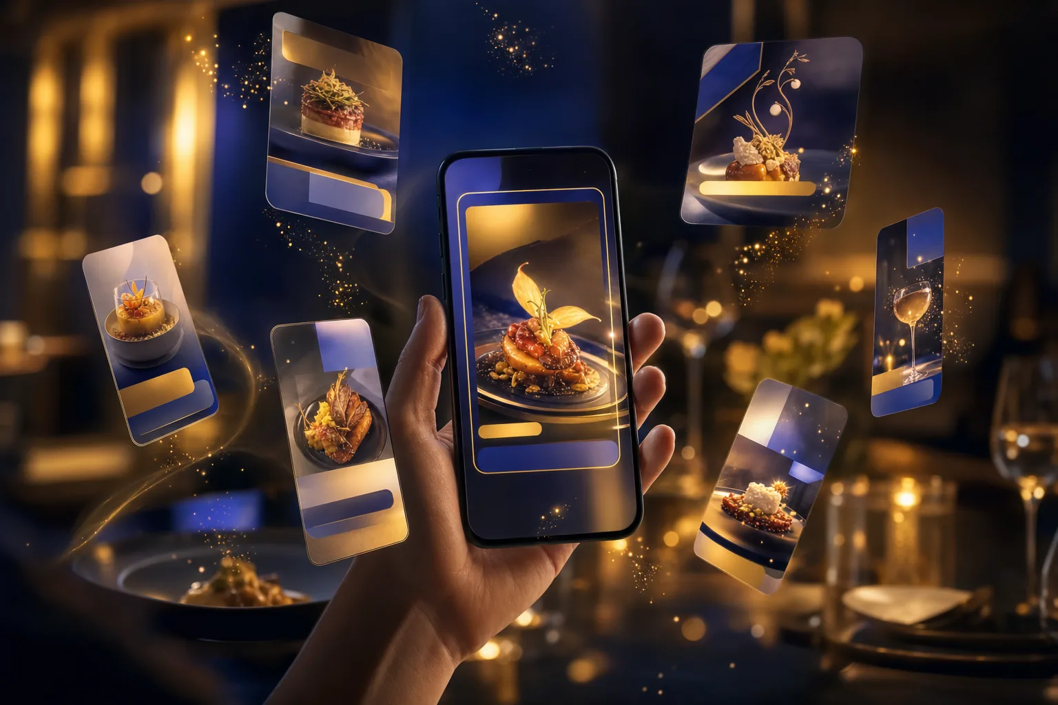 KI, die Social-Media-Kampagnenmotive erzeugt, die um ein Smartphone schweben