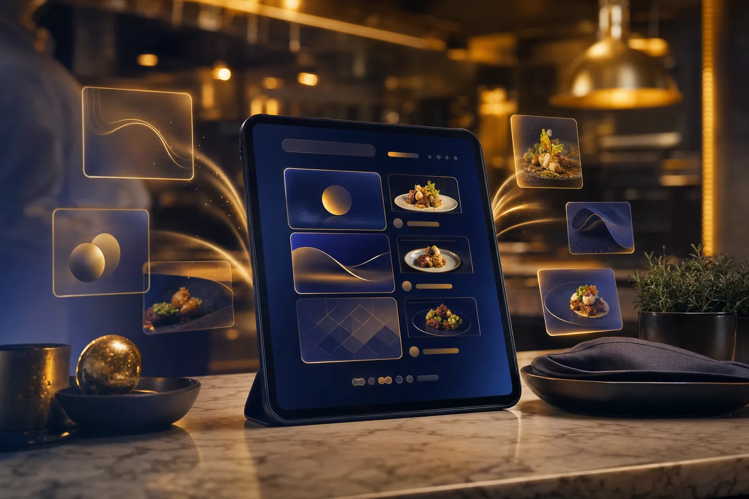 Ein Tablet zeigt eine Restaurant-Speisekarte, die live von KI gestaltet wird