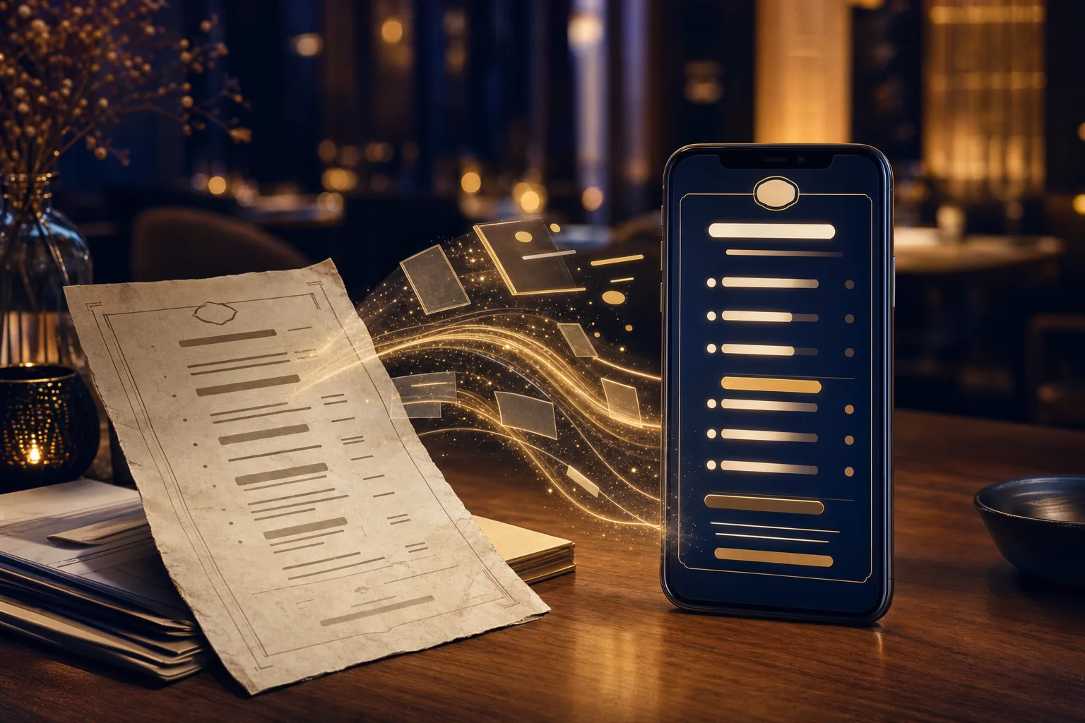 Eine gedruckte Papier-Speisekarte verwandelt sich auf einem Handy in eine digitale Speisekarte