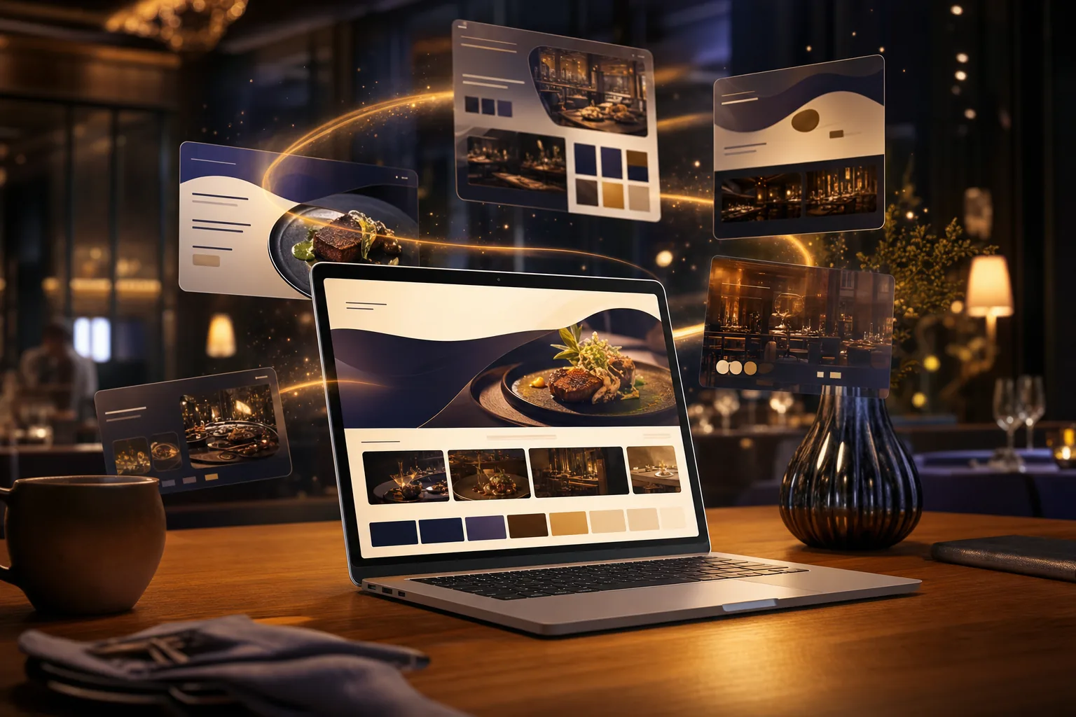 KI, die auf einem Laptop eine Gastgewerbe-Website zusammenstellt, umgeben von schwebenden Vorlagenkarten