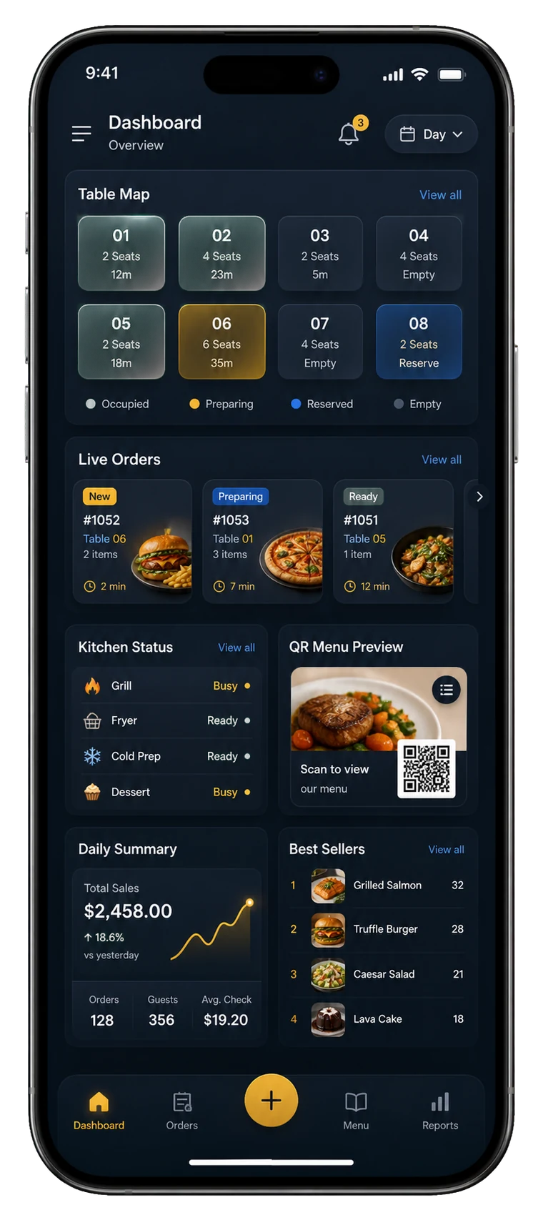 Premium-Smartphone mit Restomas Restaurant-Automationsdashboard