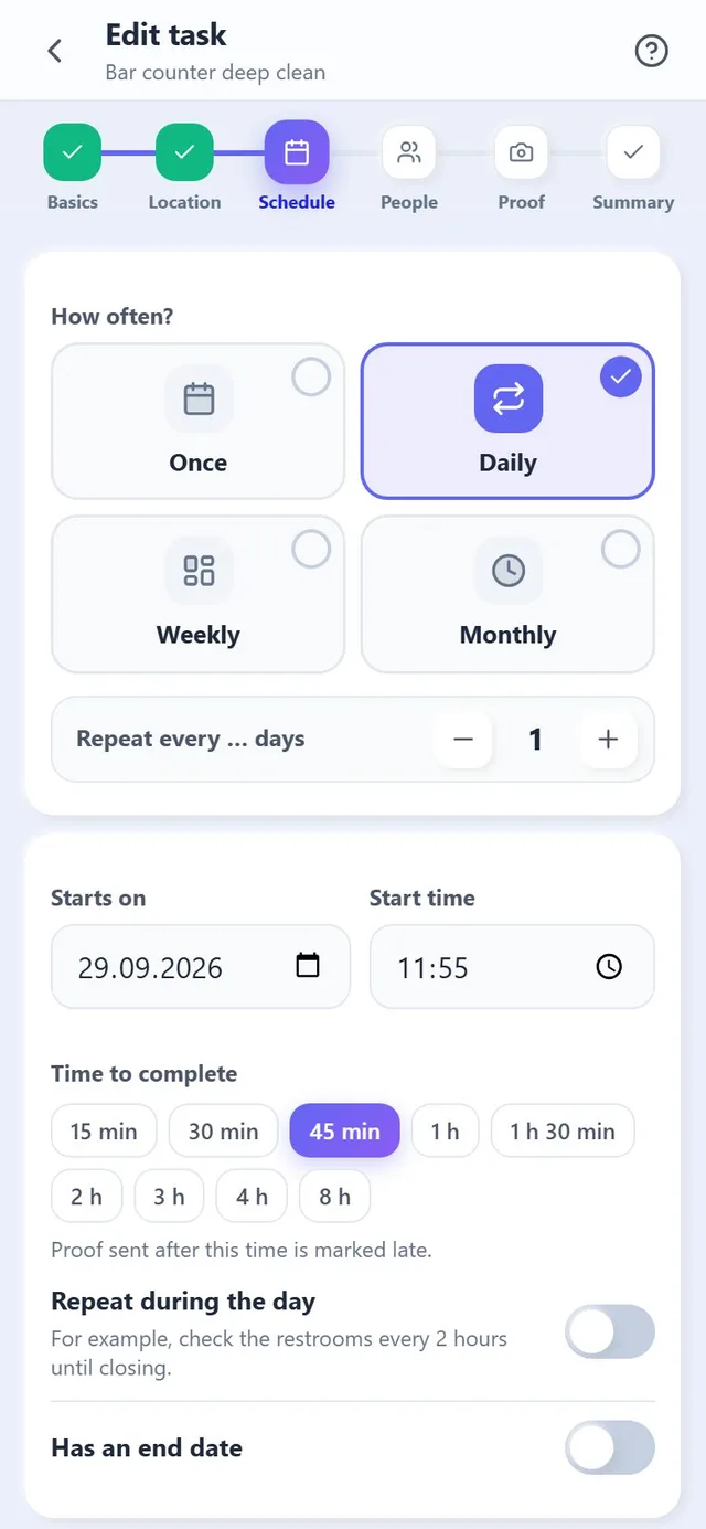 ขั้นตอนตารางเวลา พร้อมความถี่ เวลาที่ให้ทำ และรอบถัดไป