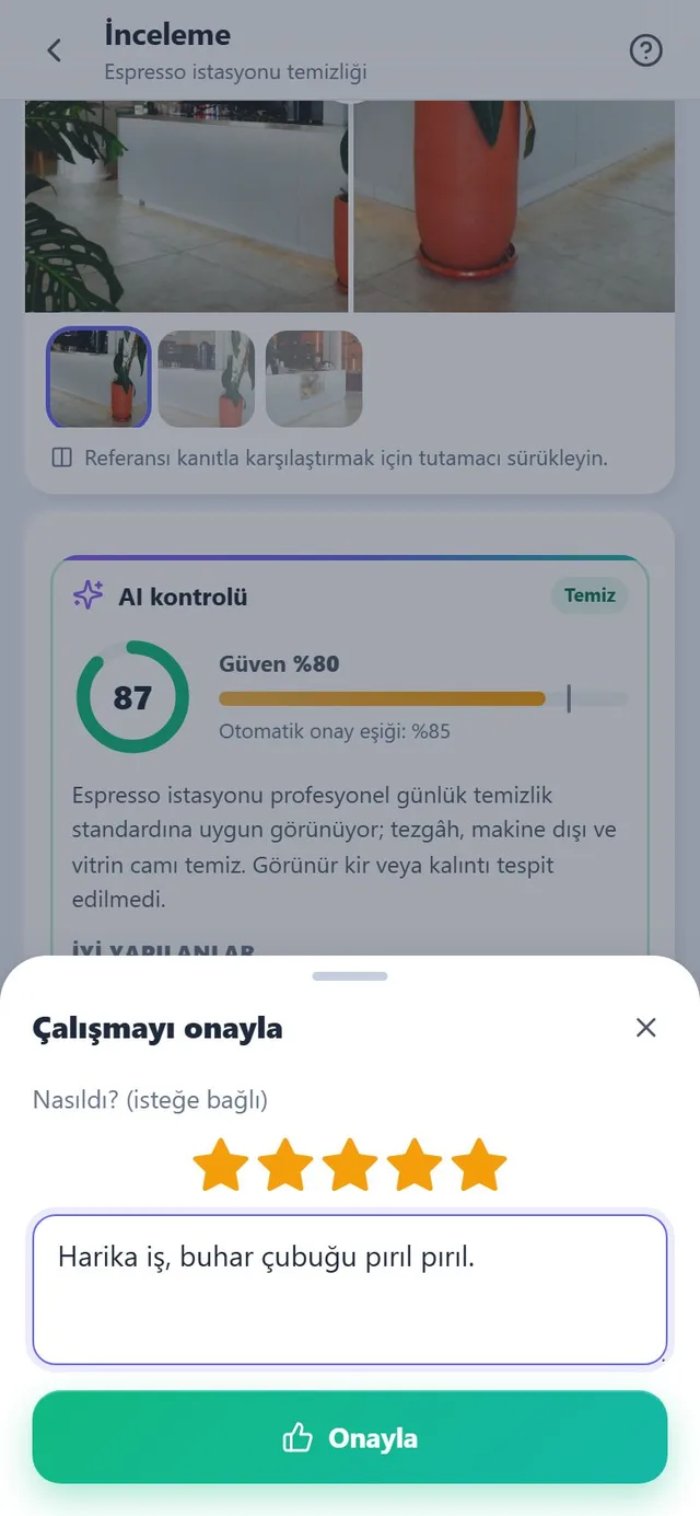 Beş yıldız ve notla onay ekranı