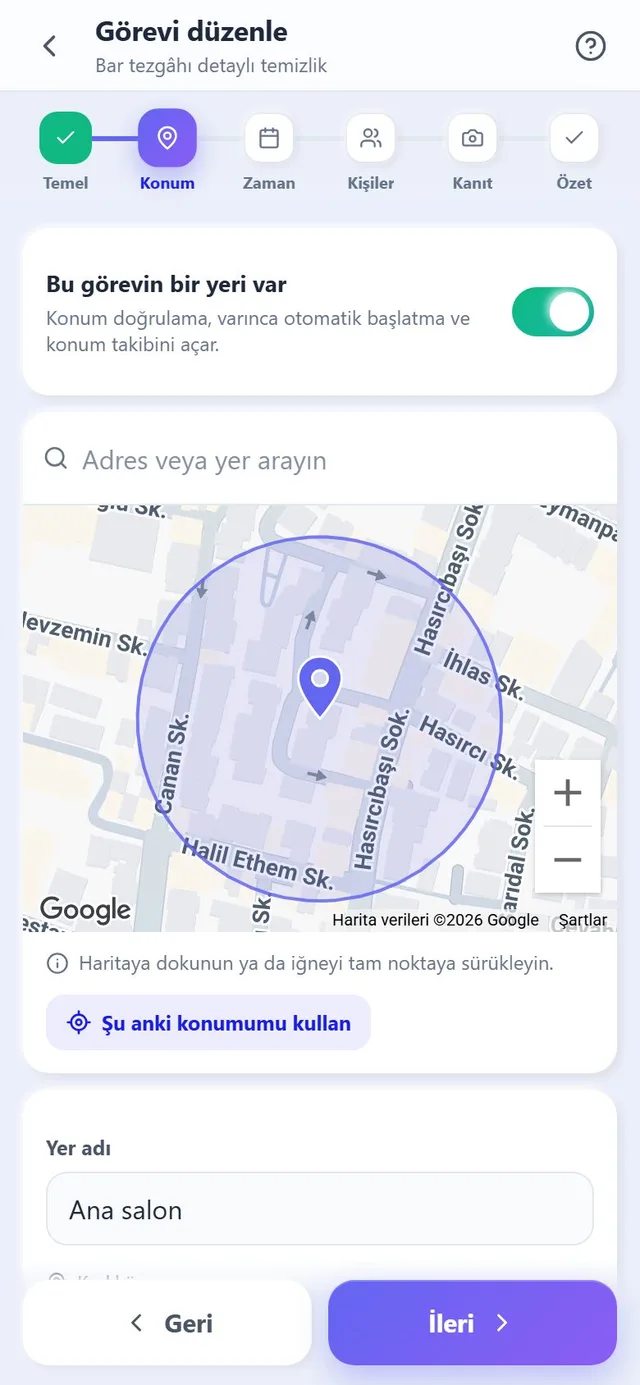 Harita, alan dairesi ve konum kuralıyla konum adımı