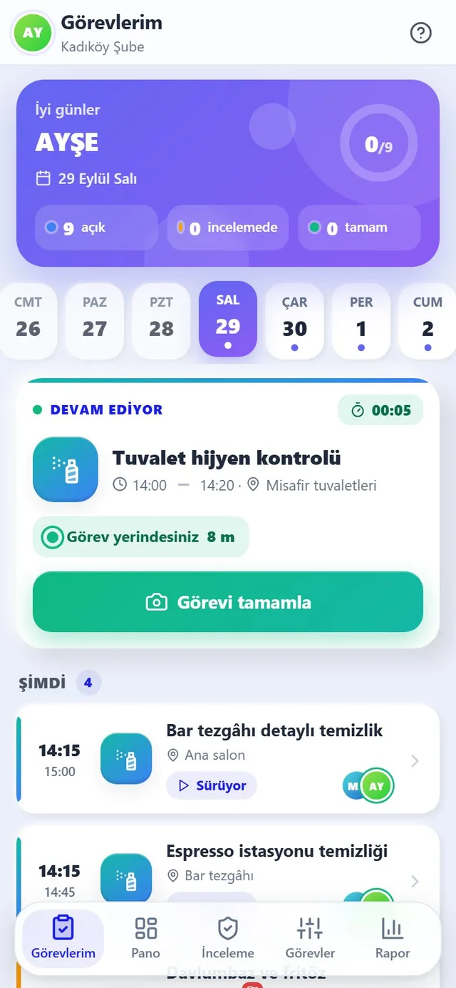 Günün özeti ve sıradaki görevle Görevlerim ekranı