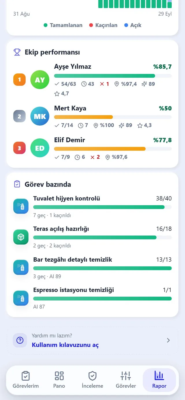 Rapor: ekip performansı ve görev kırılımı