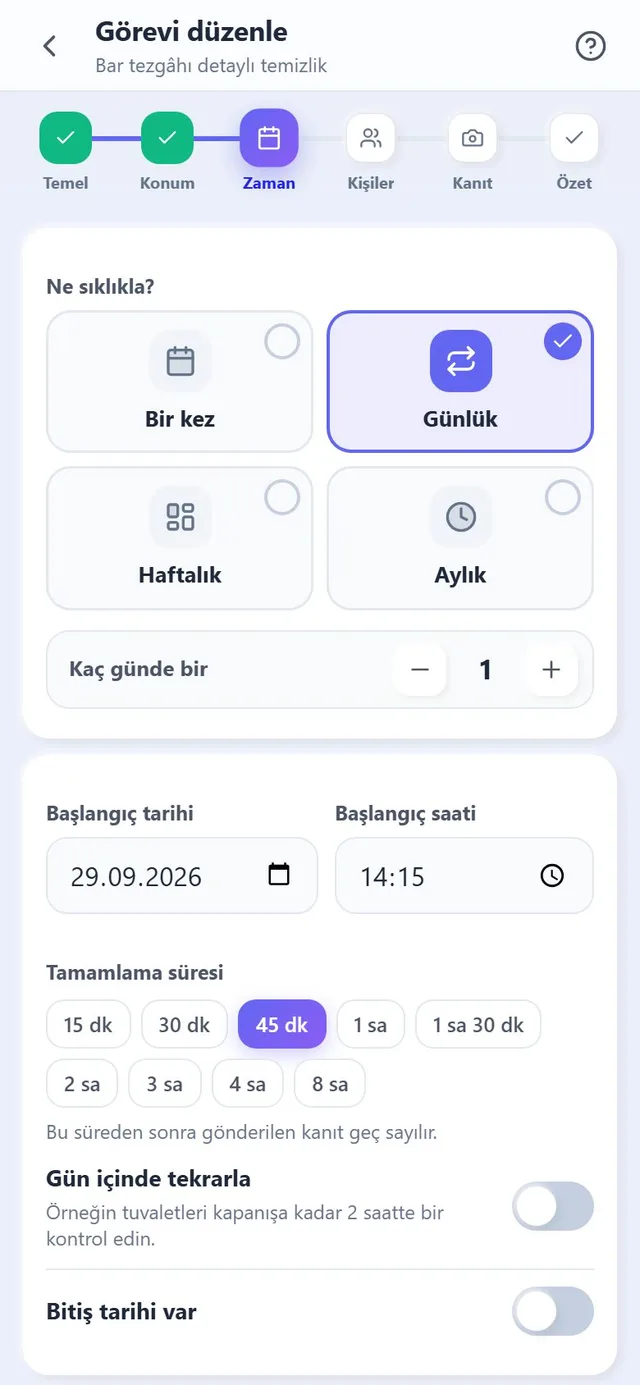 Sıklık, tamamlama süresi ve sonraki zamanlarla takvim adımı